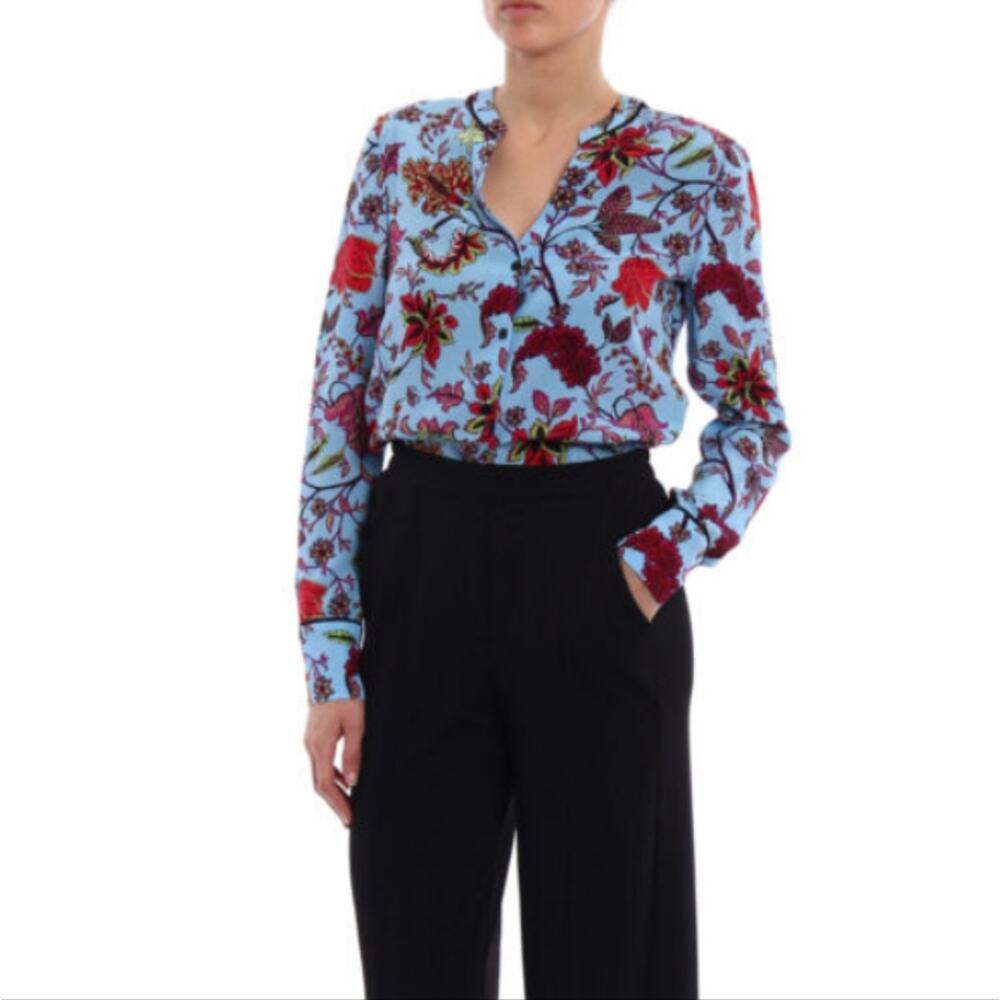 Diane Von Furstenberg Blue Floral Print Blouse Size 4